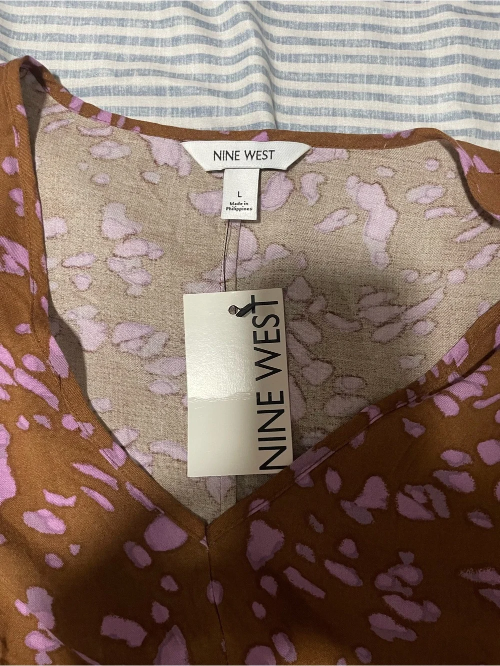 Nine West Brown Floral V-Neck Long-Sleeve Dress with Pink Print